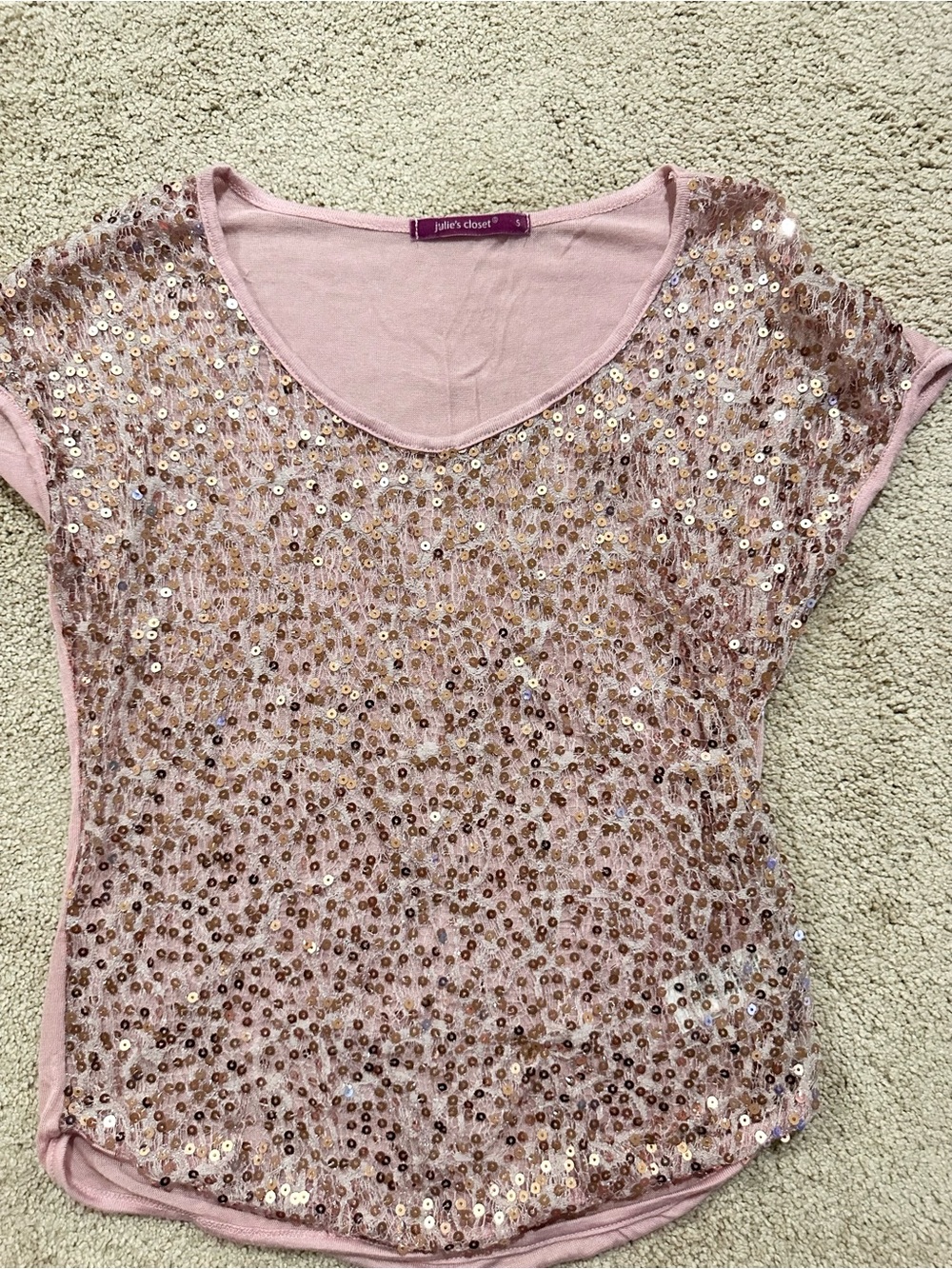 S Pink Sequin Short Sleeve Top